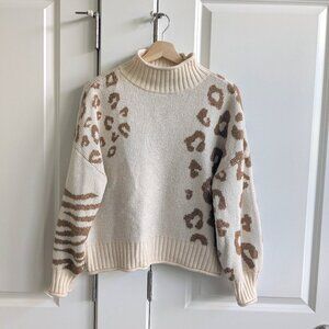 Nine West Oversized Boxy Crop Sweater Women XL Cream Animal Print Soft Pullover